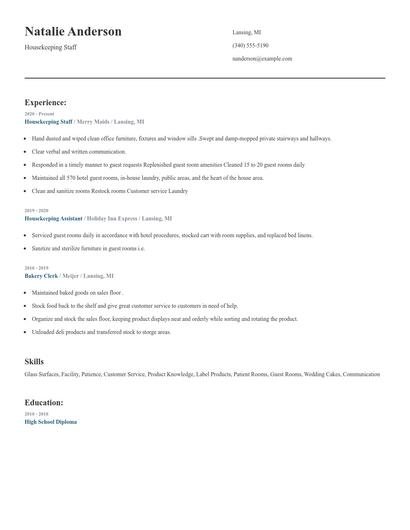 Housekeeping Staff Resume