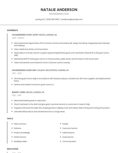 Housekeeping Staff Resume