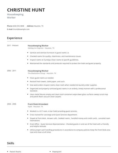 Housekeeping Worker Resume