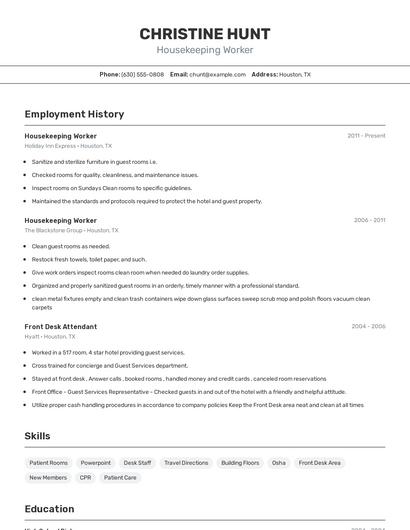 Housekeeping Worker Resume