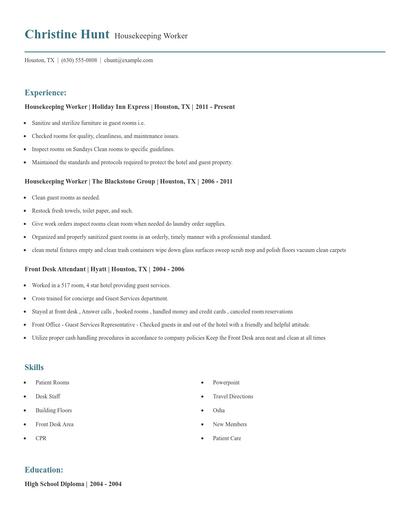 Housekeeping Worker Resume