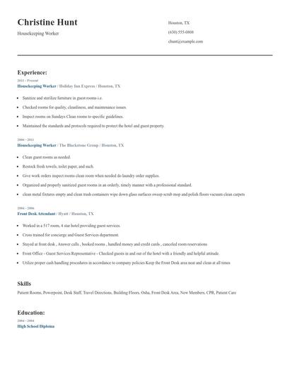 Housekeeping Worker Resume