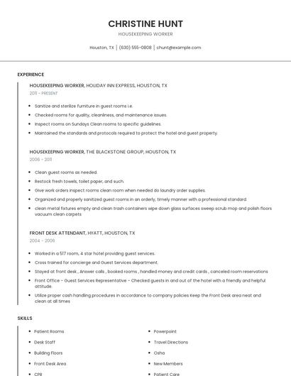 Housekeeping Worker Resume