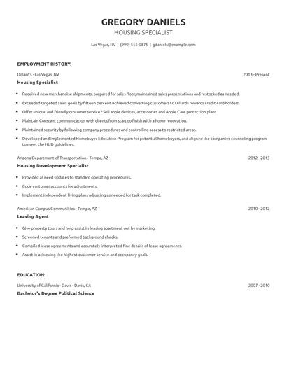 Housing Specialist Resume