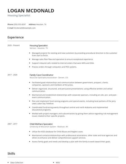 Housing Specialist Resume