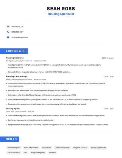 Housing Specialist Resume