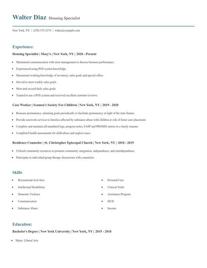 Housing Specialist Resume