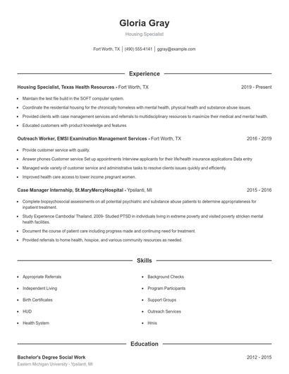 Housing Specialist Resume