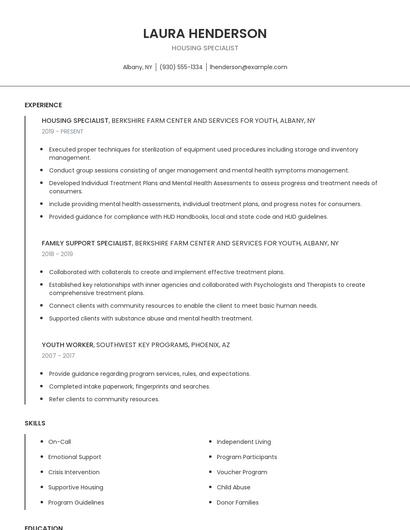 Housing Specialist Resume
