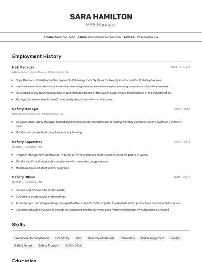 HSE Manager Resume