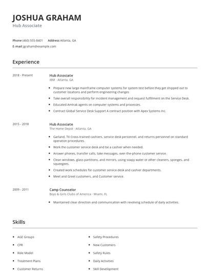 Hub Associate Resume