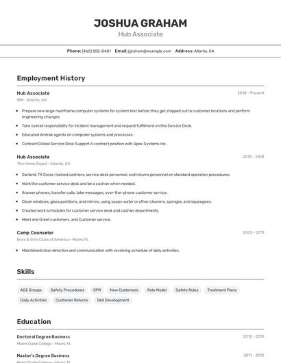 Hub Associate Resume