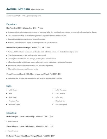 Hub Associate Resume