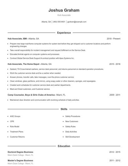 Hub Associate Resume
