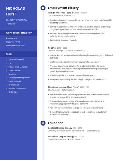 Human Anatomy Teacher Resume