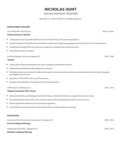 Human Anatomy Teacher Resume