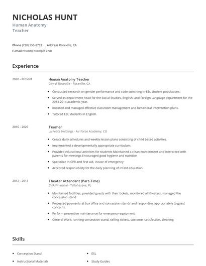 Human Anatomy Teacher Resume