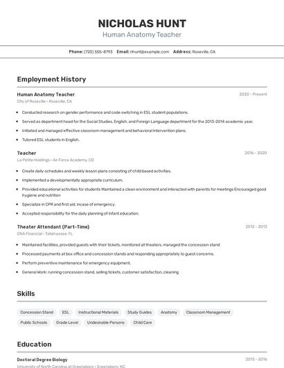 Human Anatomy Teacher Resume