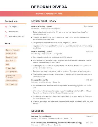 Human Anatomy Teacher Resume