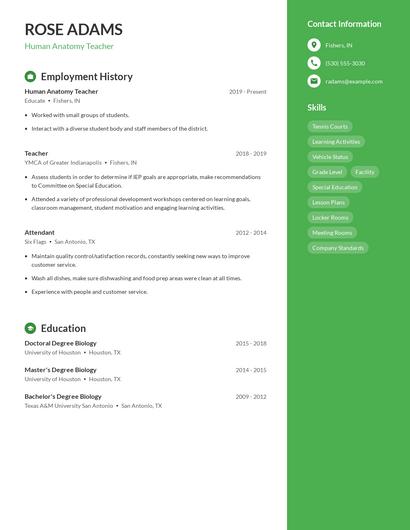 Human Anatomy Teacher Resume