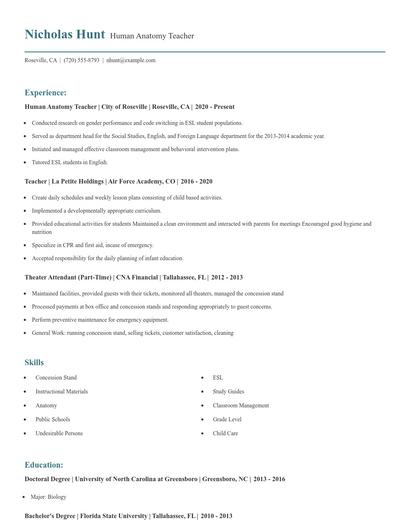Human Anatomy Teacher Resume