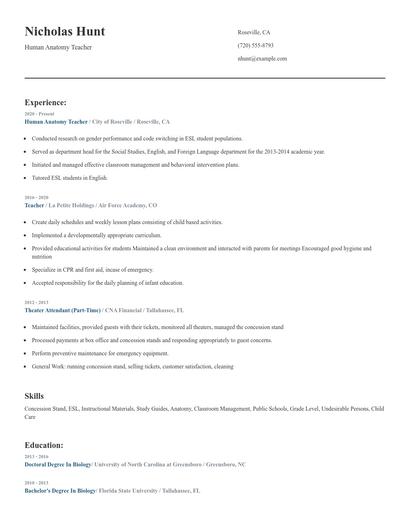 Human Anatomy Teacher Resume