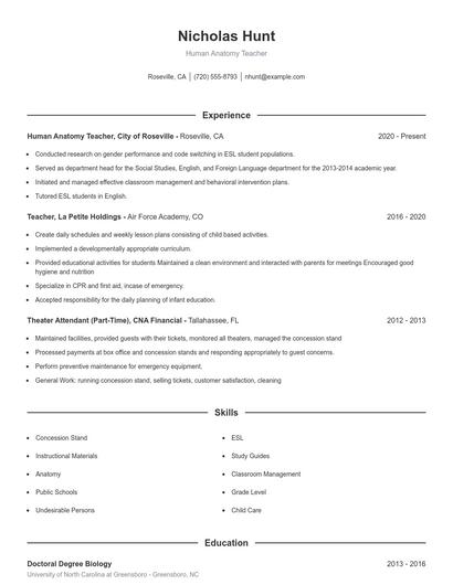 Human Anatomy Teacher Resume