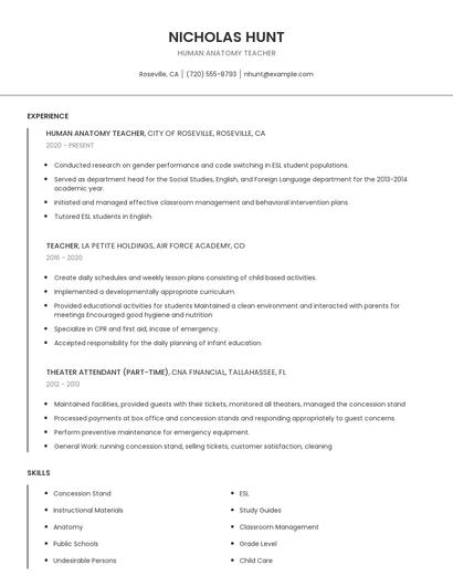 Human Anatomy Teacher Resume