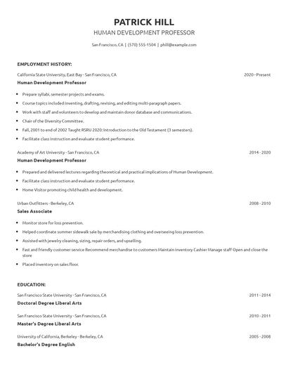 Human Development Professor Resume