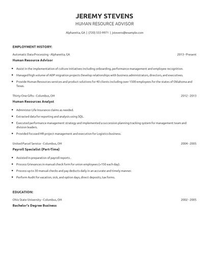 Human Resource Advisor Resume