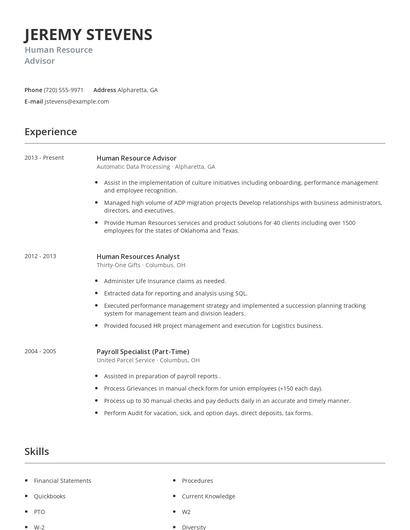 Human Resource Advisor Resume