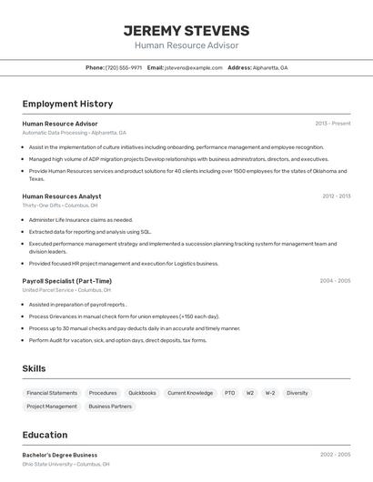 Human Resource Advisor Resume