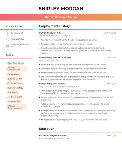 Human Resource Advisor Resume