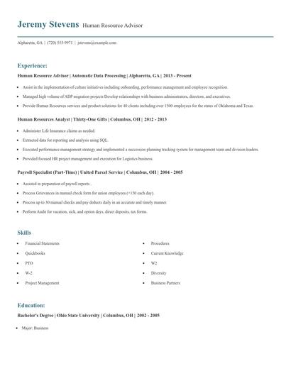 Human Resource Advisor Resume