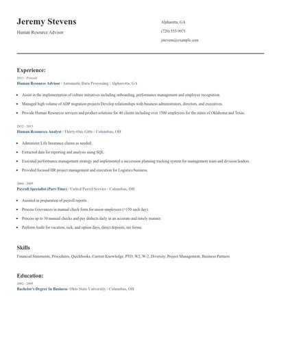 Human Resource Advisor Resume