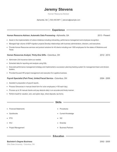Human Resource Advisor Resume