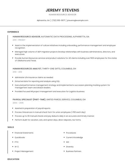 Human Resource Advisor Resume