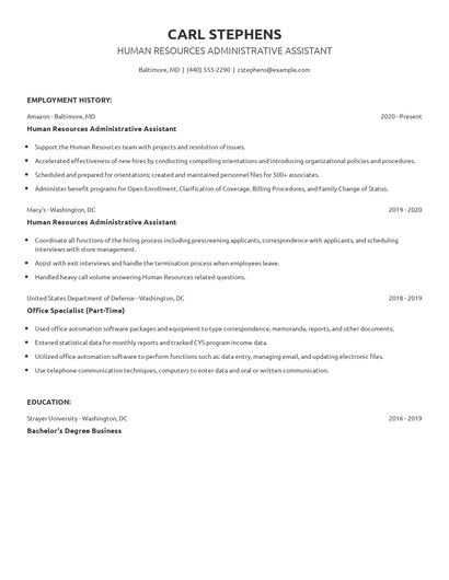 Human Resources Administrative Assistant Resume