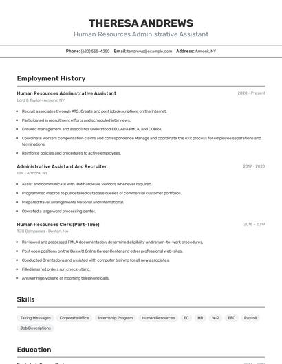 Human Resources Administrative Assistant Resume