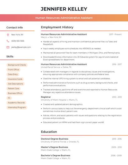 Human Resources Administrative Assistant Resume