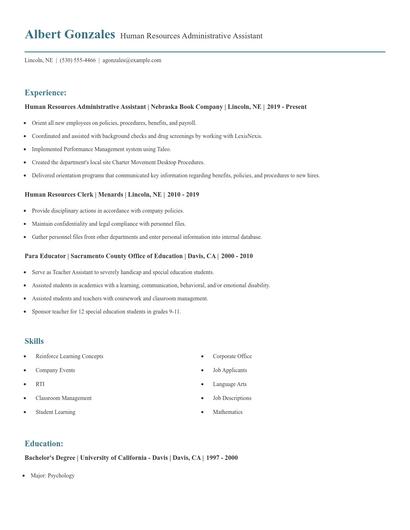 Human Resources Administrative Assistant Resume