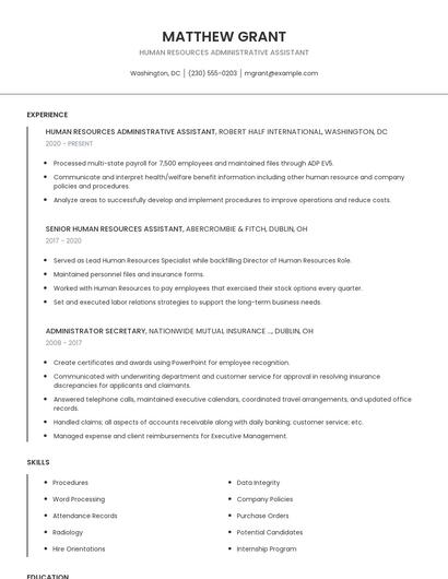 Human Resources Administrative Assistant Resume
