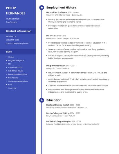 Humanities Professor Resume