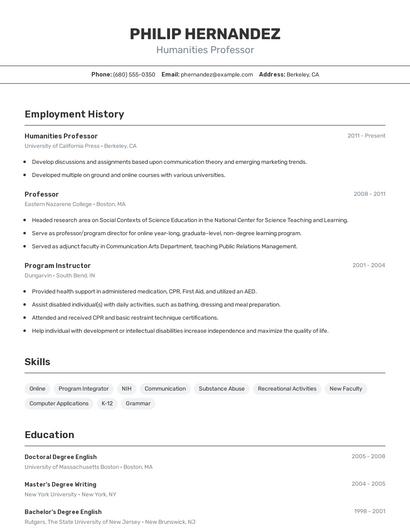 Humanities Professor Resume