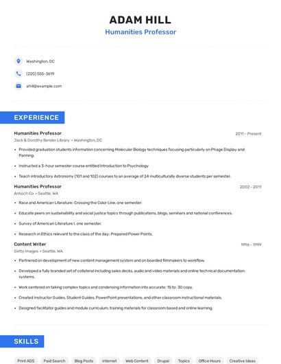 Humanities Professor Resume