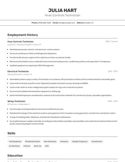Hvac Controls Technician Resume