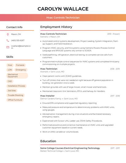 Hvac Controls Technician Resume