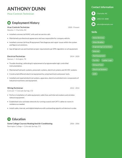 Hvac Controls Technician Resume