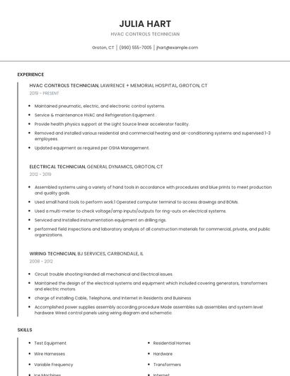 Hvac Controls Technician Resume