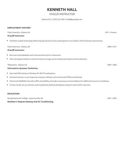 Hvac/R Instructor Resume